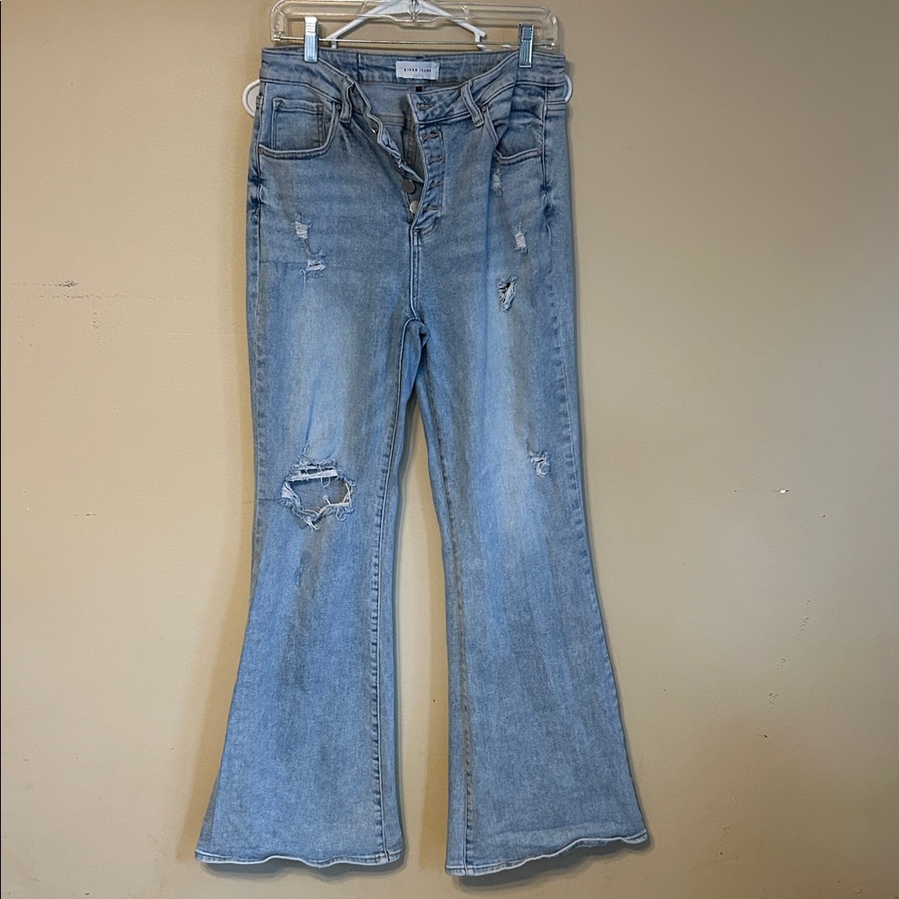 Risen Rayna Button fly High Rise Distressed Flare Jeans - Picture 2 of 9